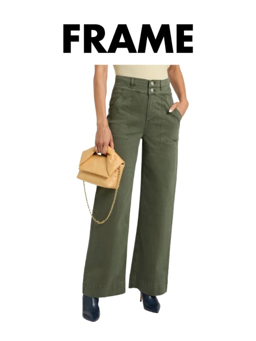 FRAME Army Green Le Slim Palazzo Cotton Twill Wide-leg Pants Women's size 27